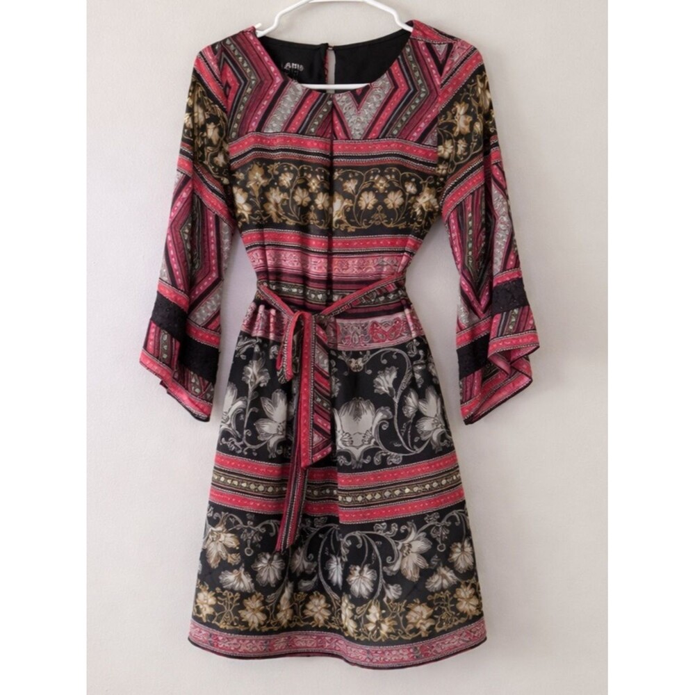 Red Black Dress Long Sleeve with Waist Tie M Size - Picture 2 of 4